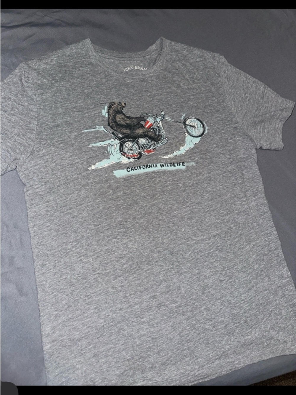 Mens Lucky Brand Gray Bear Bike Clouds T Shirt Size Medium